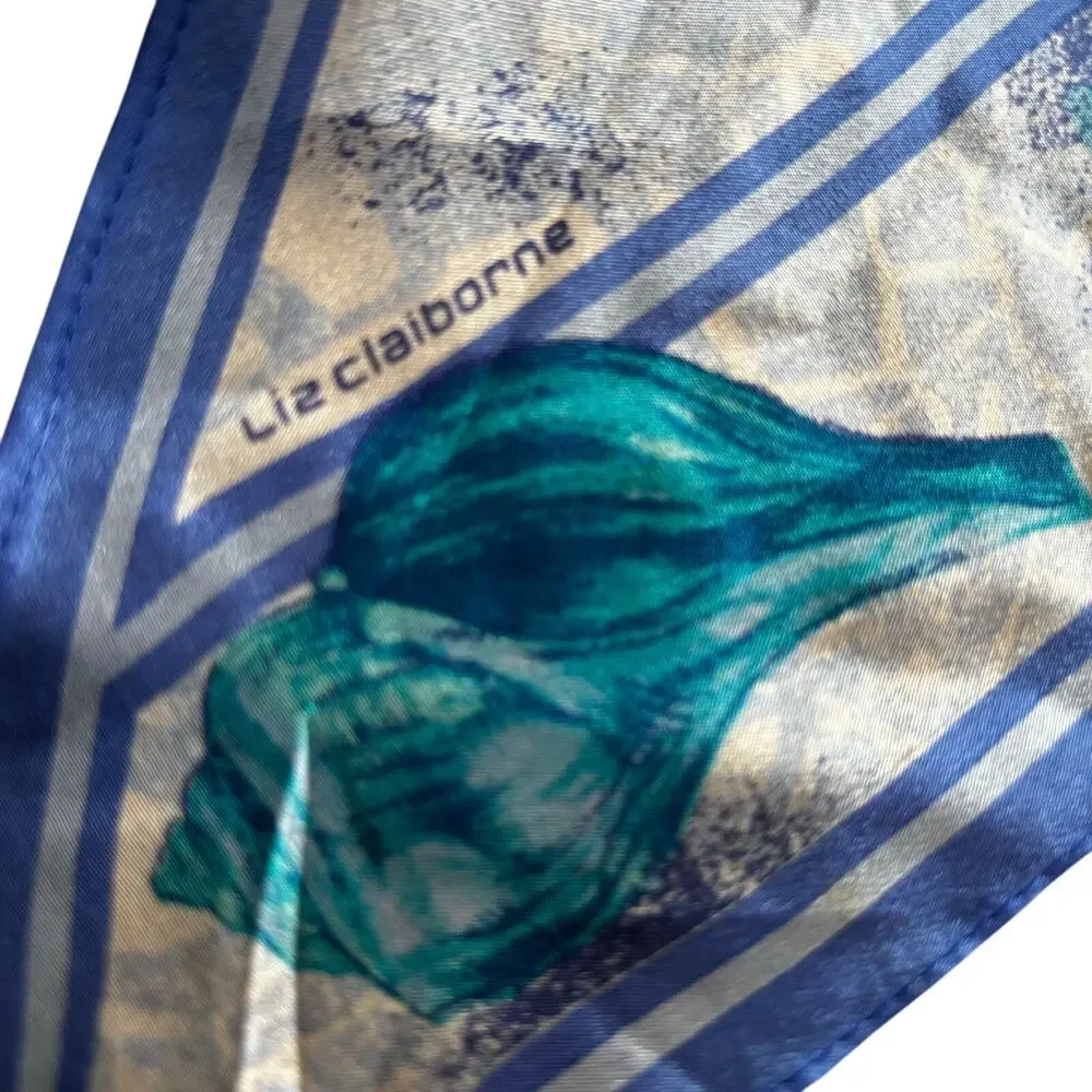 Vintage 80s Liz Claiborne blue silk scarf with pointy ends seashells beach theme